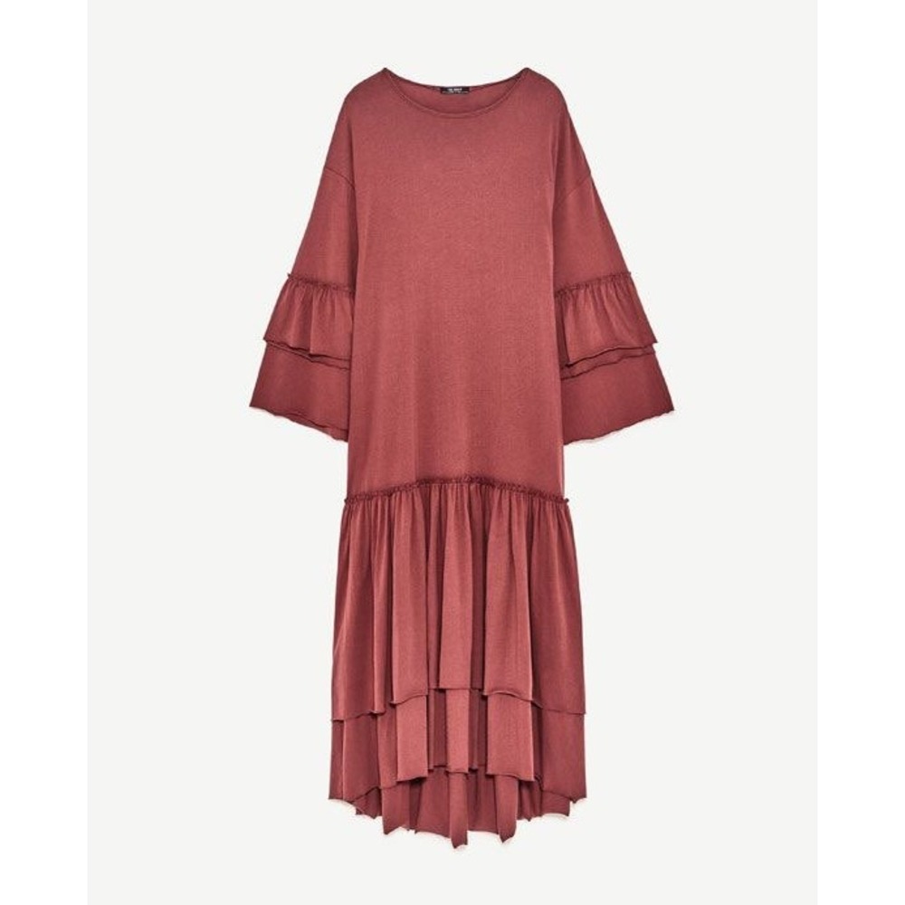 Zara NWT Trafaluc Mauve Pink Tiered Ruffle Sleeve Drop‎ Waist Midi Dress | Small